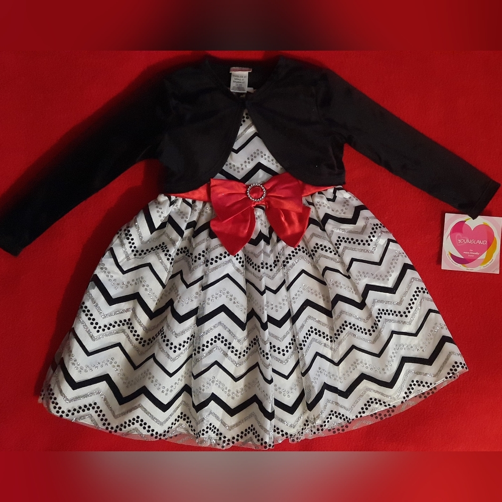 NWT 4T Youngland Black/white Holiday Formal DRESS w/ Velvet cardigan
